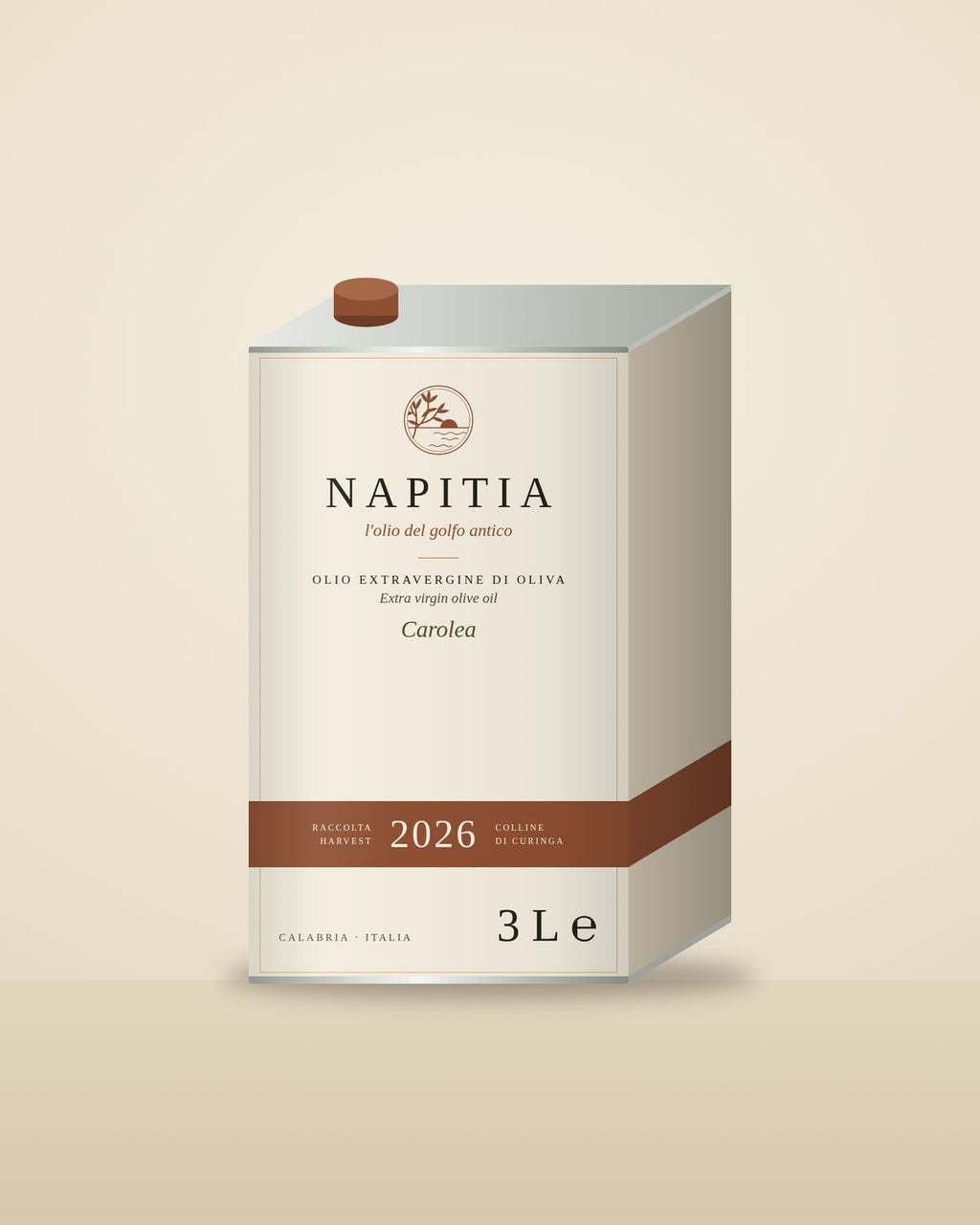 Napitia 2026 extra virgin olive oil, 3 L tin (mockup)