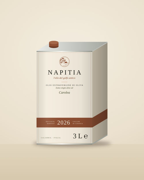 Napitia 2026 extra virgin olive oil, 3 L tin (mockup)